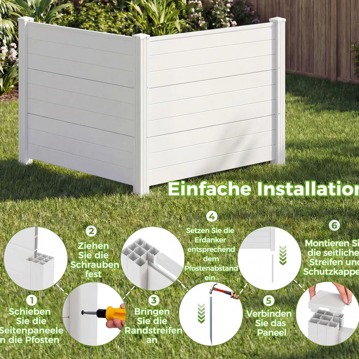 2er Set Sichtschutzzaun Gartenzaun mit 2 Paneelen wetterfester Lamellenzaun mit 3 Pfählen Weiß