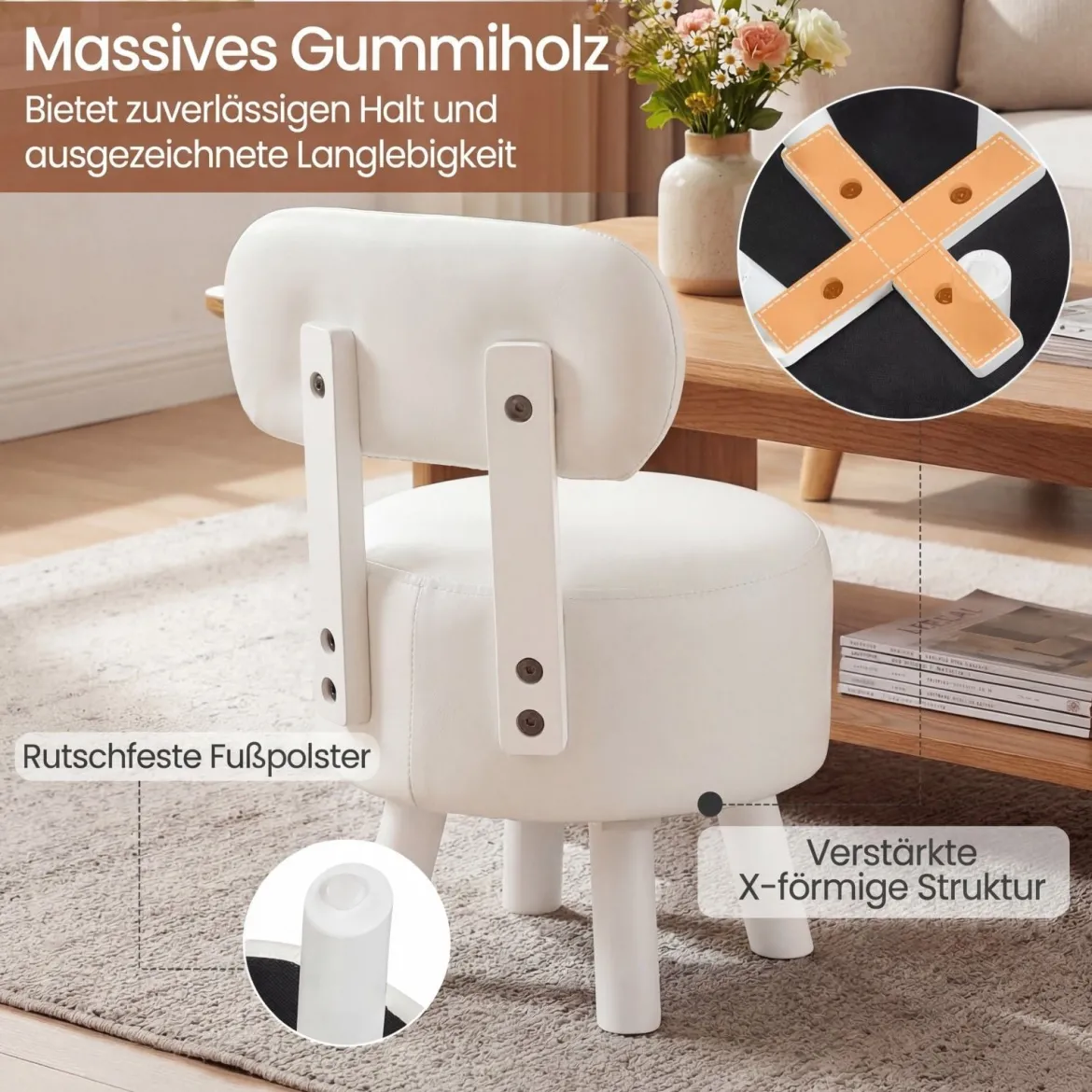 2er Set Sitzhocker mit Rückenlehne & Kunstlederbezug Gepolsterter Hocker bis 150 kg Tragkraft Weiß