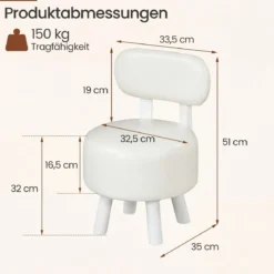 2er Set Sitzhocker mit Rückenlehne & Kunstlederbezug Gepolsterter Hocker bis 150 kg Tragkraft Weiß