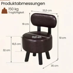 2er Set Sitzhocker mit Rückenlehne & Kunstlederbezug Gepolsterter Hocker bis 150 kg Tragkraft Braun