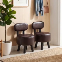 2er Set Sitzhocker mit Rückenlehne & Kunstlederbezug Gepolsterter Hocker bis 150 kg Tragkraft Braun