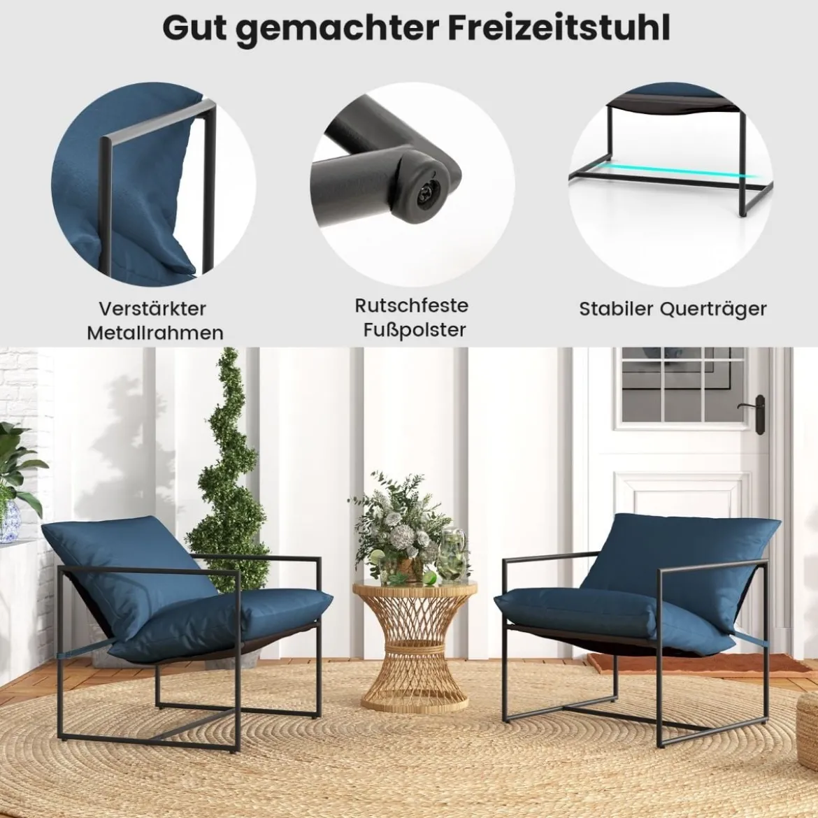 2er Set Sling-Akzentstuhl mit Sitz- & Rückenkissen & Metallrahmen Ergonomischer Loungestuhl Navy