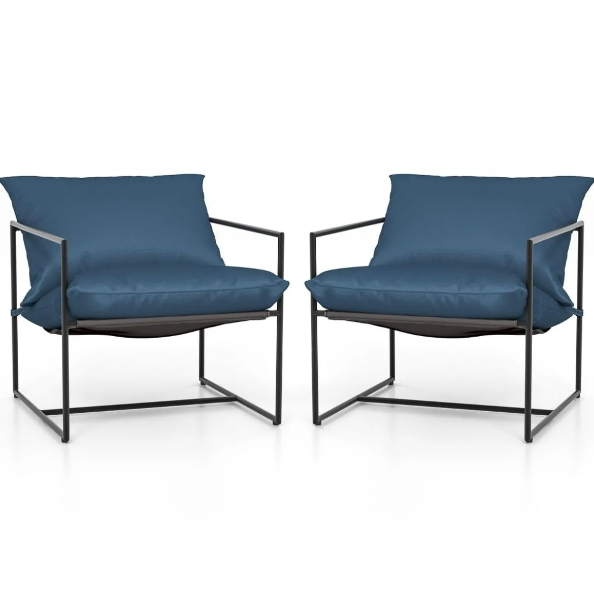 2er Set Sling-Akzentstuhl mit Sitz- & Rückenkissen & Metallrahmen Ergonomischer Loungestuhl Navy