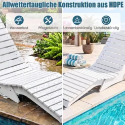 2er Set Sonnenliege aus HDPE Ergonomische Gartenliege in S Form Wetterfester Strandliege mit Rollen Braun