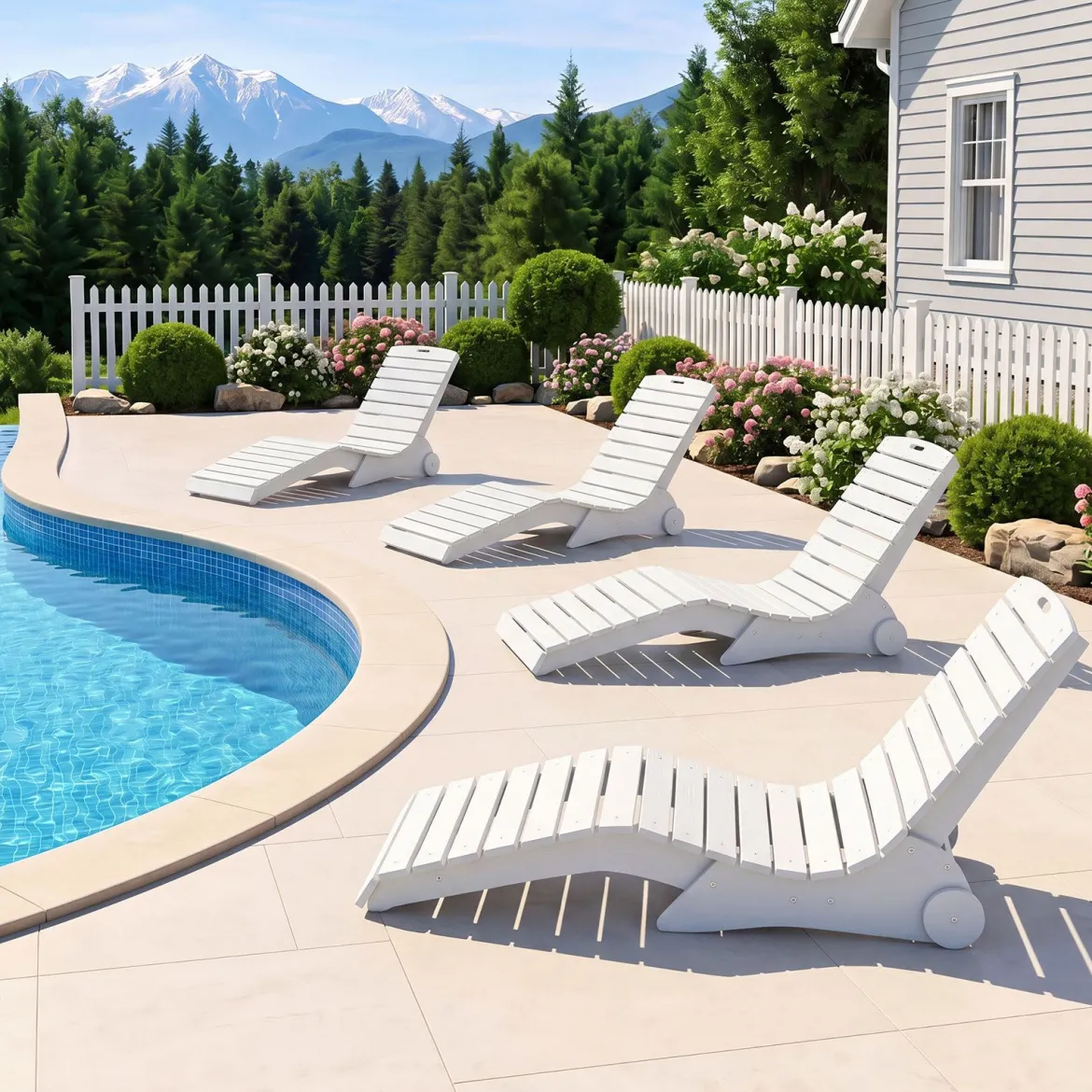 2er Set Sonnenliege aus HDPE Ergonomische Gartenliege in S Form Wetterfester Strandliege mit Rollen Weiß