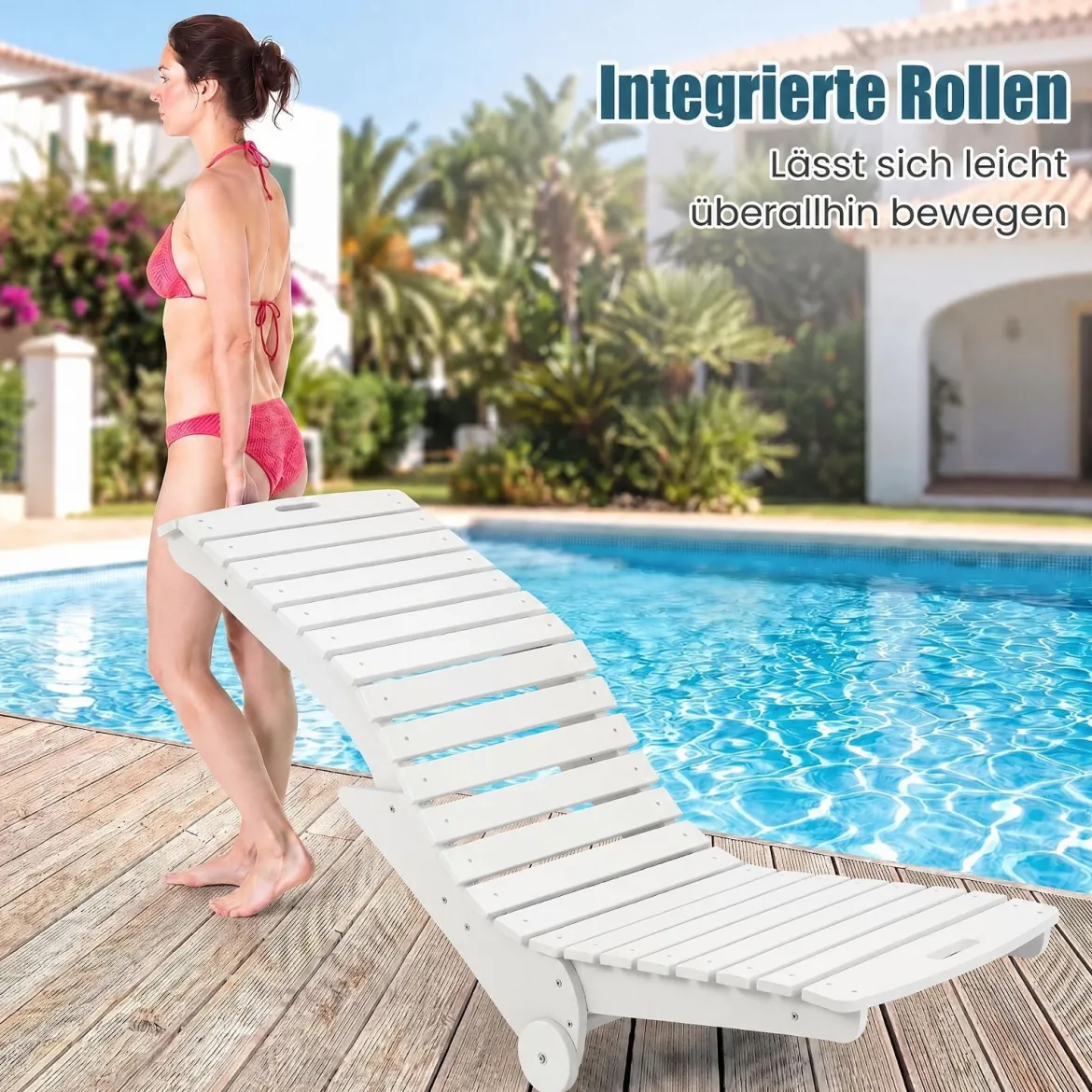 2er Set Sonnenliege aus HDPE Ergonomische Gartenliege in S Form Wetterfester Strandliege mit Rollen Weiß