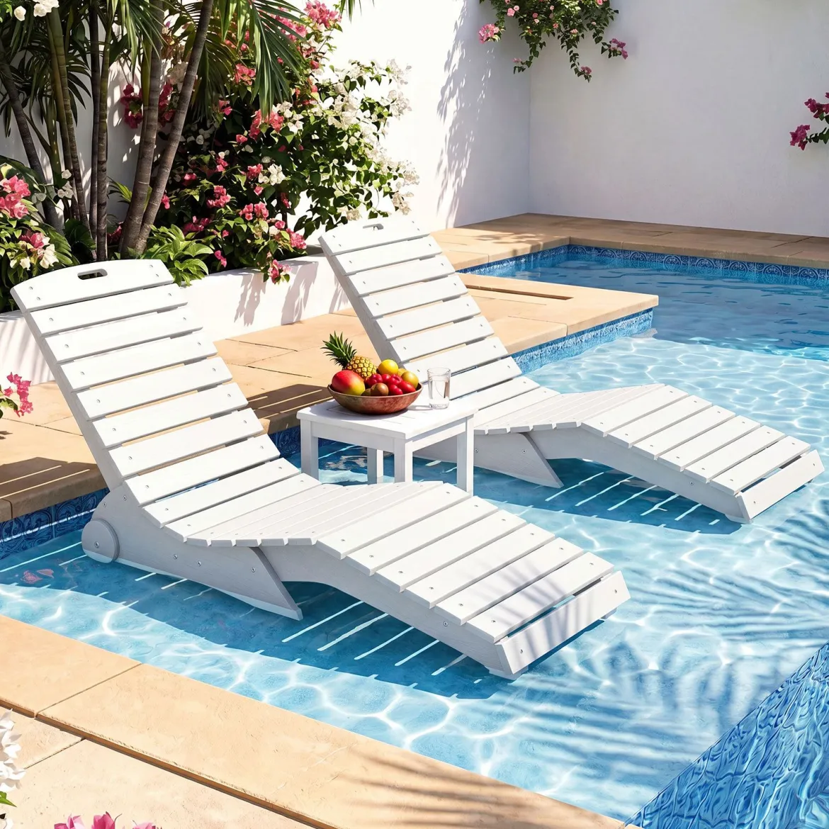 2er Set Sonnenliege aus HDPE Ergonomische Gartenliege in S Form Wetterfester Strandliege mit Rollen Weiß