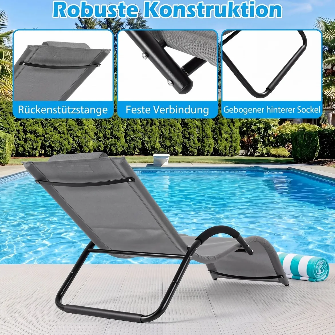 2er Set Sonnenliege Ergonomisch Gartenliege mit Abnehmbarem Kopfkissen Liegestuhl bis 160 kg Belastbar Grau/Blau
