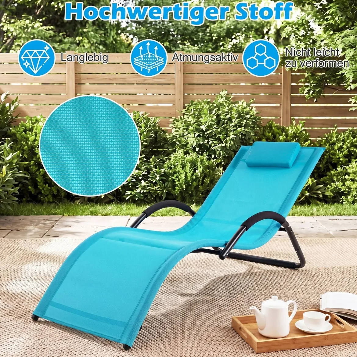 2er Set Sonnenliege Ergonomisch Gartenliege mit Abnehmbarem Kopfkissen Liegestuhl bis 160 kg Belastbar Grau/Blau