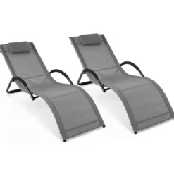 2er Set Sonnenliege Ergonomisch Gartenliege mit Abnehmbarem Kopfkissen Liegestuhl bis 160 kg Belastbar Grau/Blau