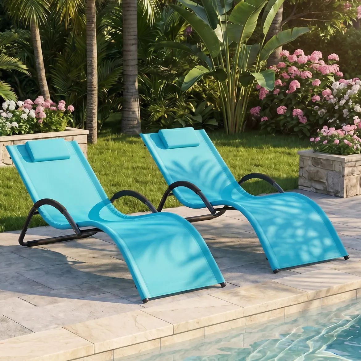 2er Set Sonnenliege Ergonomisch Gartenliege mit Abnehmbarem Kopfkissen Liegestuhl bis 160 kg Belastbar Grau/Blau
