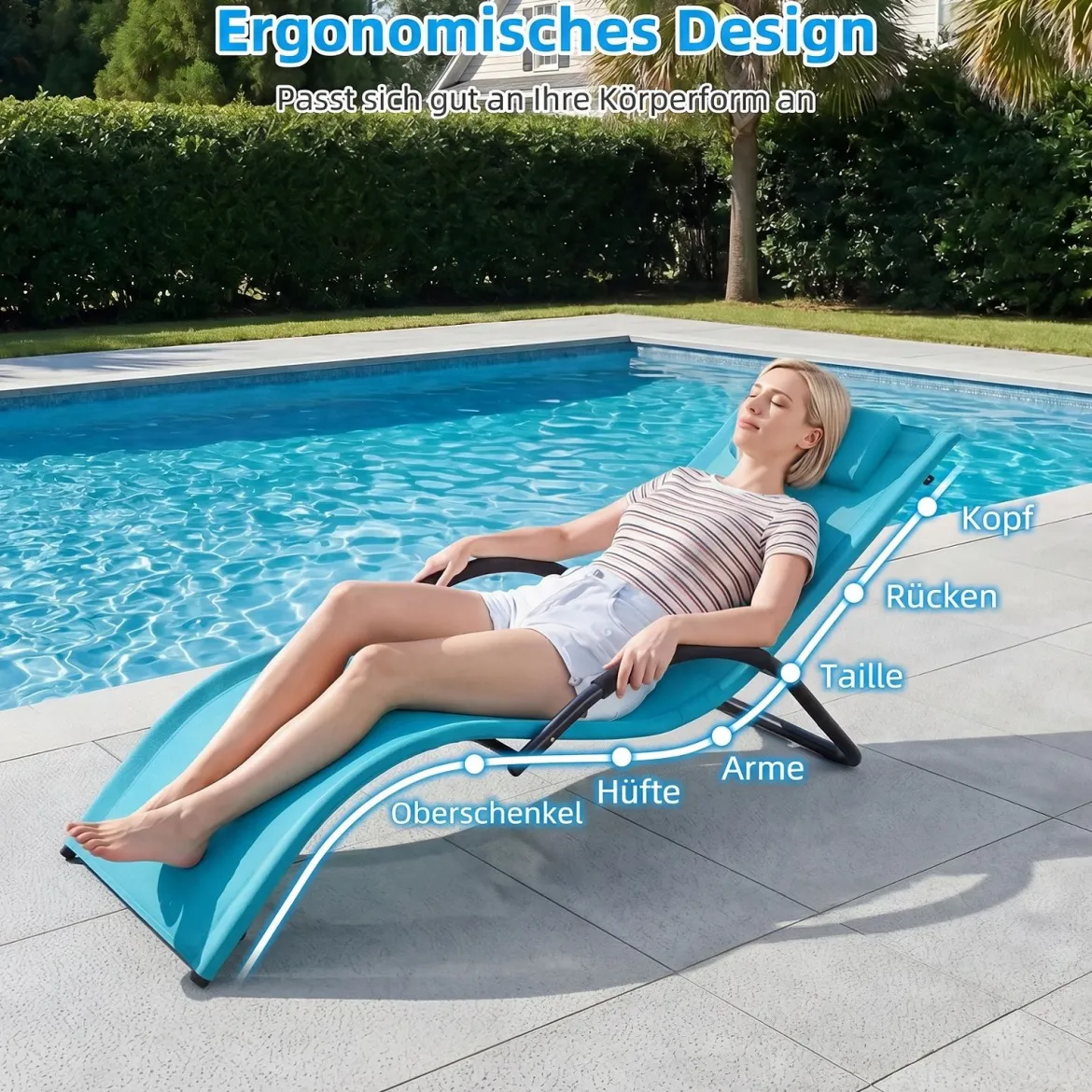 2er Set Sonnenliege Ergonomisch Gartenliege mit Abnehmbarem Kopfkissen Liegestuhl bis 160 kg Belastbar Grau/Blau