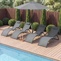 2er Set Sonnenliege Ergonomisch Gartenliege mit Abnehmbarem Kopfkissen Liegestuhl bis 160 kg Belastbar Grau/Blau