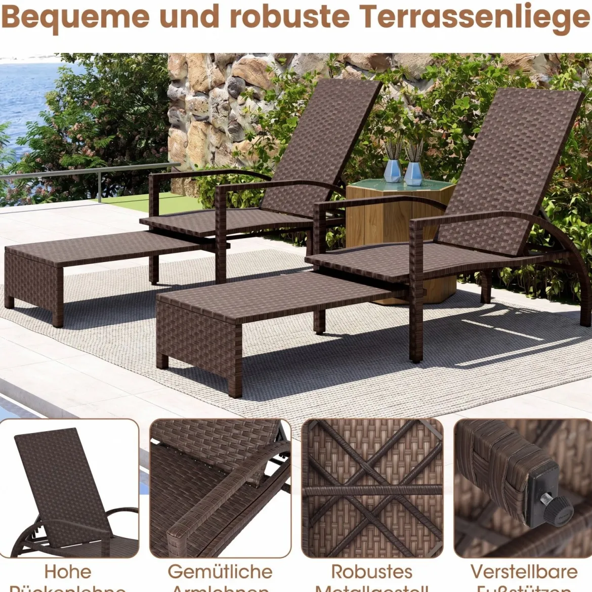 2er Set Sonnenliege Gartenliege mit 6-Fach Verstellbarer Rückenlehne & Ausziehbarer Fußstütze