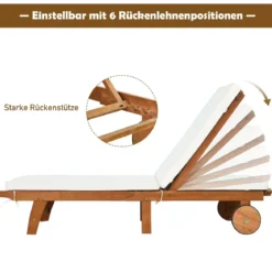 2er Set Sonnenliege Holz Gartenliege mit verstellbarer Rückenlehne mit Rollen und Kissen Strandliege für den Garten