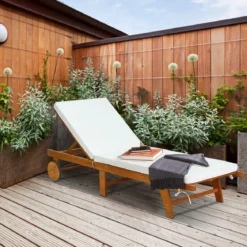 2er Set Sonnenliege Holz Gartenliege mit verstellbarer Rückenlehne mit Rollen und Kissen Strandliege für den Garten