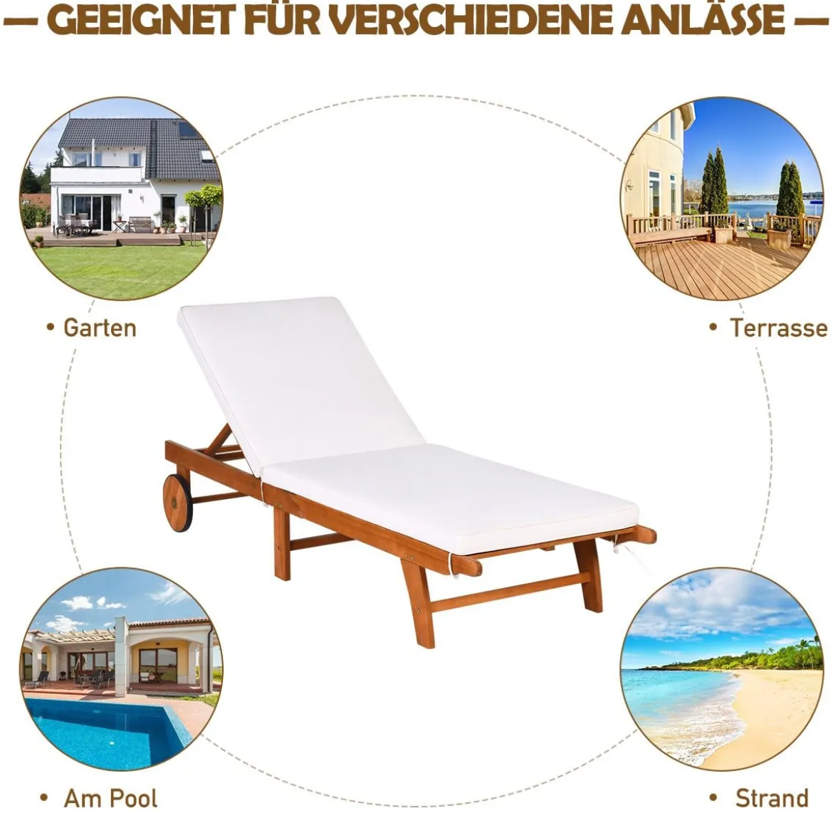 2er Set Sonnenliege Holz Gartenliege mit verstellbarer Rückenlehne mit Rollen und Kissen Strandliege für den Garten