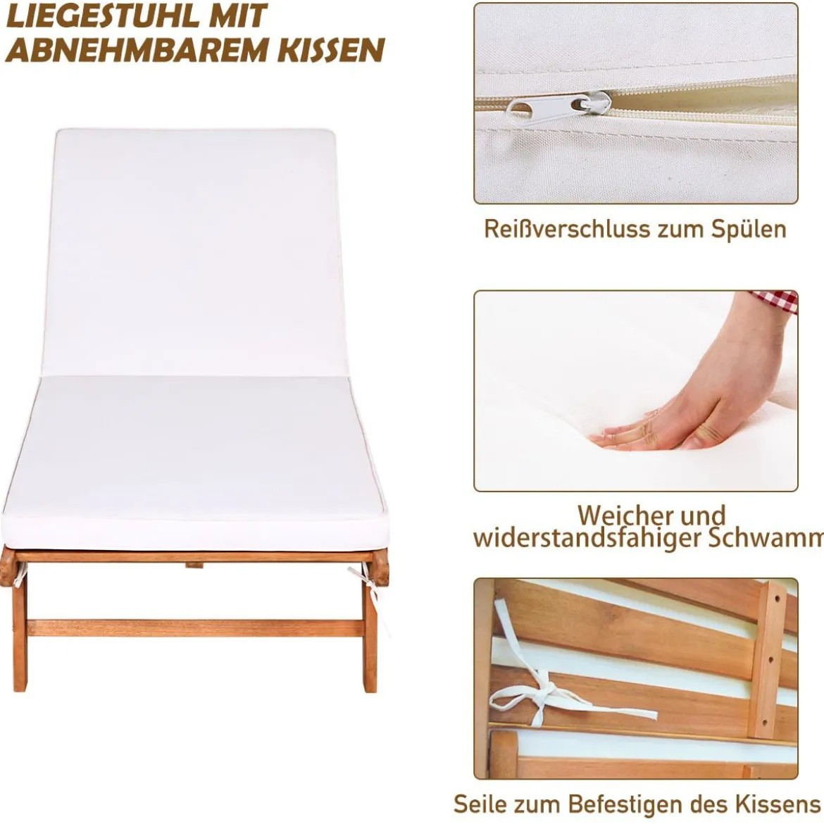 2er Set Sonnenliege Holz Gartenliege mit verstellbarer Rückenlehne mit Rollen und Kissen Strandliege für den Garten