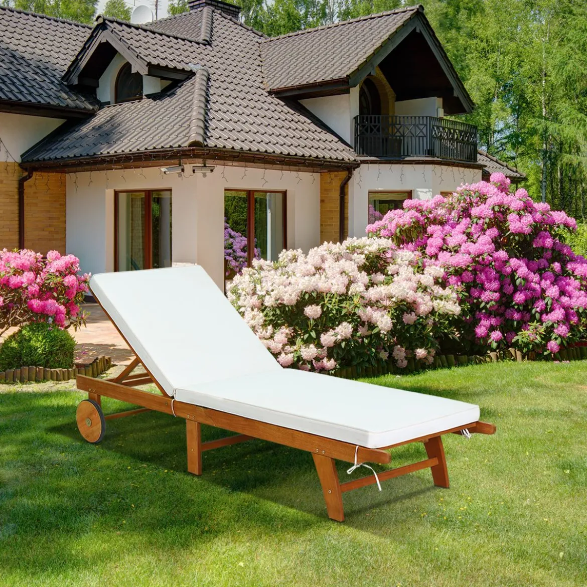 2er Set Sonnenliege Holz Gartenliege mit verstellbarer Rückenlehne mit Rollen und Kissen Strandliege für den Garten