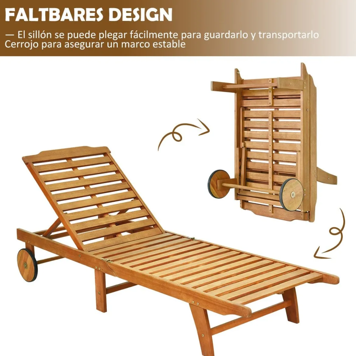 2er Set Sonnenliege Holz Gartenliege mit verstellbarer Rückenlehne mit Rollen und Kissen Strandliege für den Garten