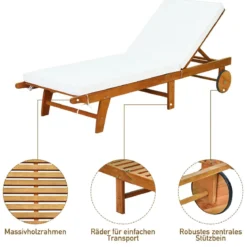2er Set Sonnenliege Holz Gartenliege mit verstellbarer Rückenlehne mit Rollen und Kissen Strandliege für den Garten