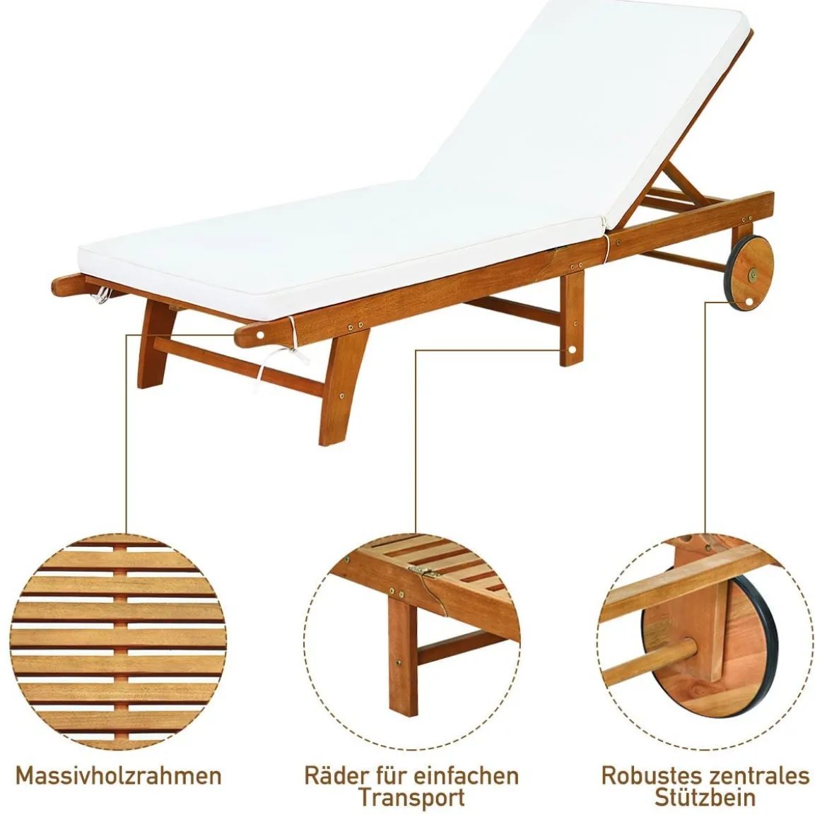 2er Set Sonnenliege Holz Gartenliege mit verstellbarer Rückenlehne mit Rollen und Kissen Strandliege für den Garten