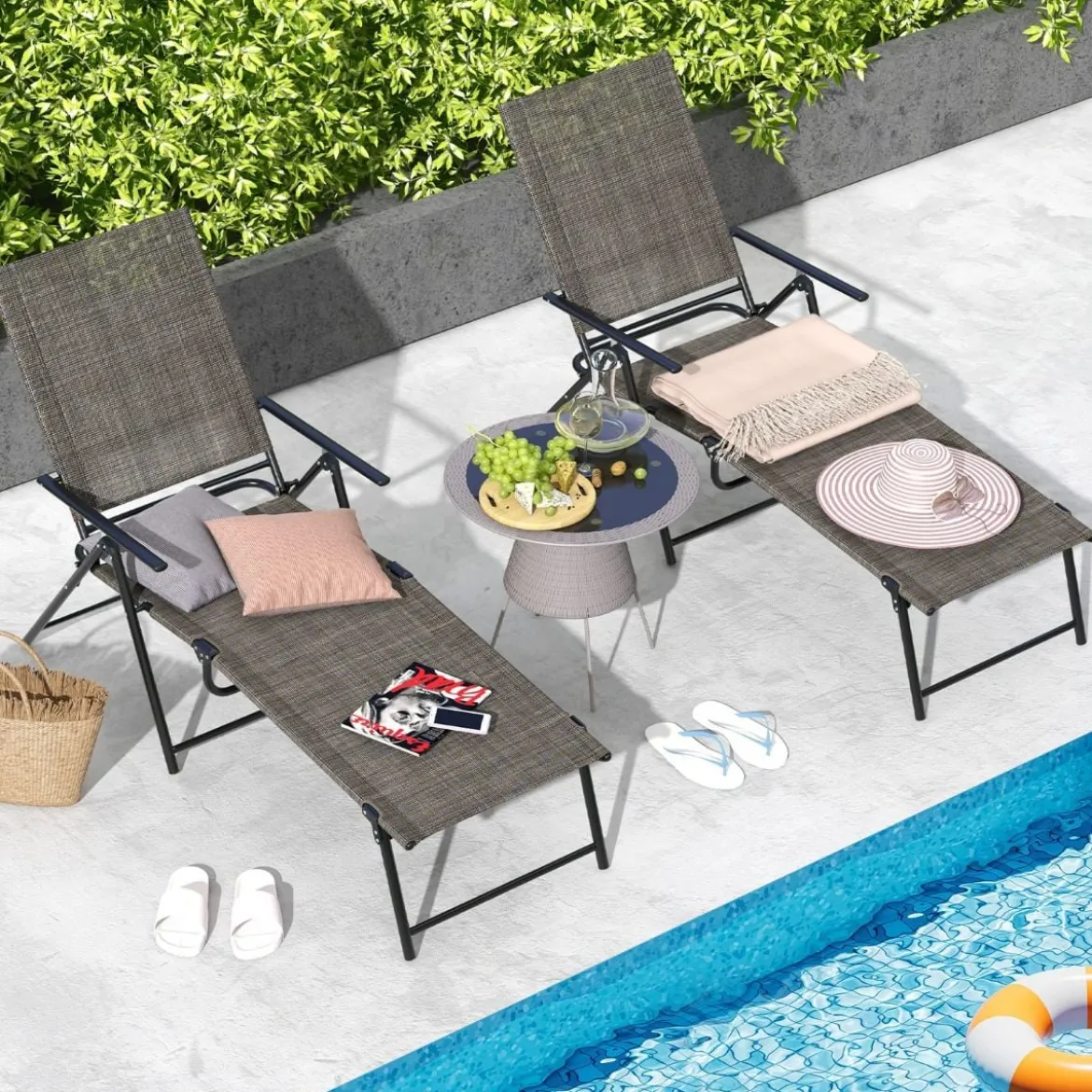 2er Set Sonnenliege klappbar Gartenliege mit verstellbarer Rückenlehne Grau/Braun/Schwarz