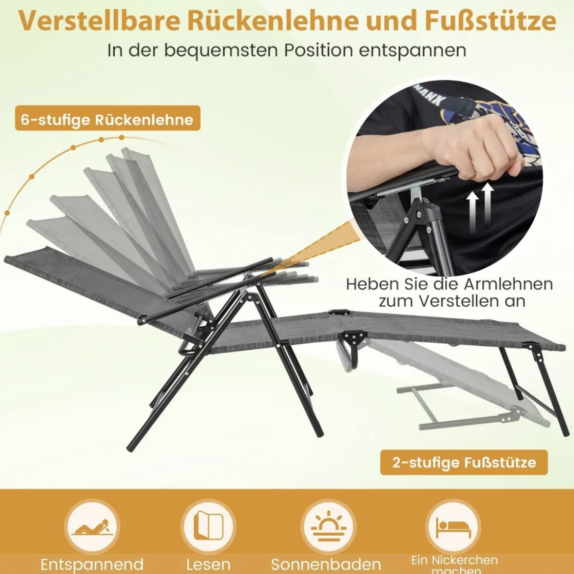 2er Set Sonnenliege klappbar Gartenliege mit verstellbarer Rückenlehne Grau/Braun/Schwarz