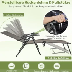 2er Set Sonnenliege klappbar Gartenliege mit verstellbarer Rückenlehne Grau/Braun/Schwarz
