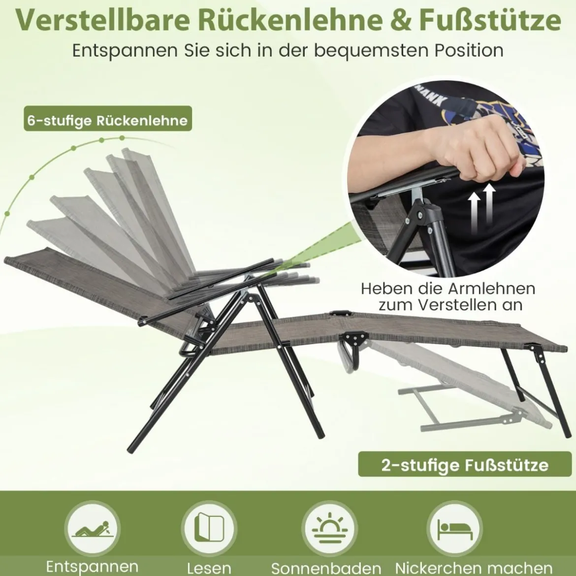 2er Set Sonnenliege klappbar Gartenliege mit verstellbarer Rückenlehne Grau/Braun/Schwarz