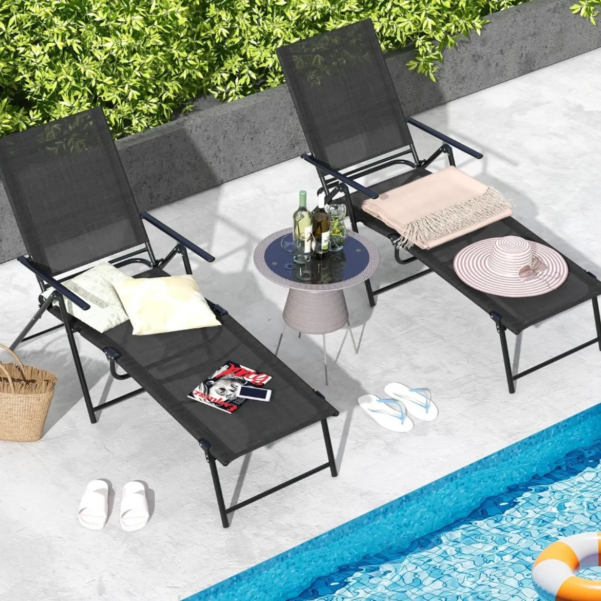 2er Set Sonnenliege klappbar Gartenliege mit verstellbarer Rückenlehne Grau/Braun/Schwarz