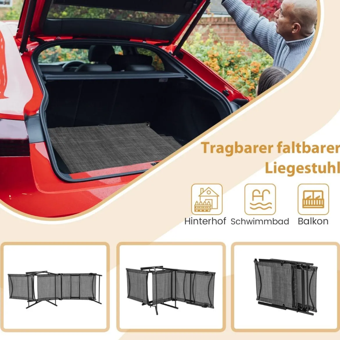 2er Set Sonnenliege klappbar Gartenliege mit verstellbarer Rückenlehne Grau/Braun/Schwarz