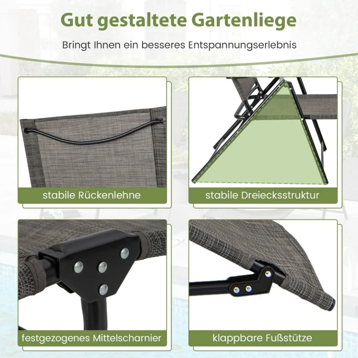 2er Set Sonnenliege klappbar Gartenliege mit verstellbarer Rückenlehne Grau/Braun/Schwarz