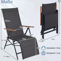 2er Set Sonnenliege Klappbar Liegestuhl mit Verstellbarer Rückenlehne bis 150 kg Belastbar Schwarz/Grau