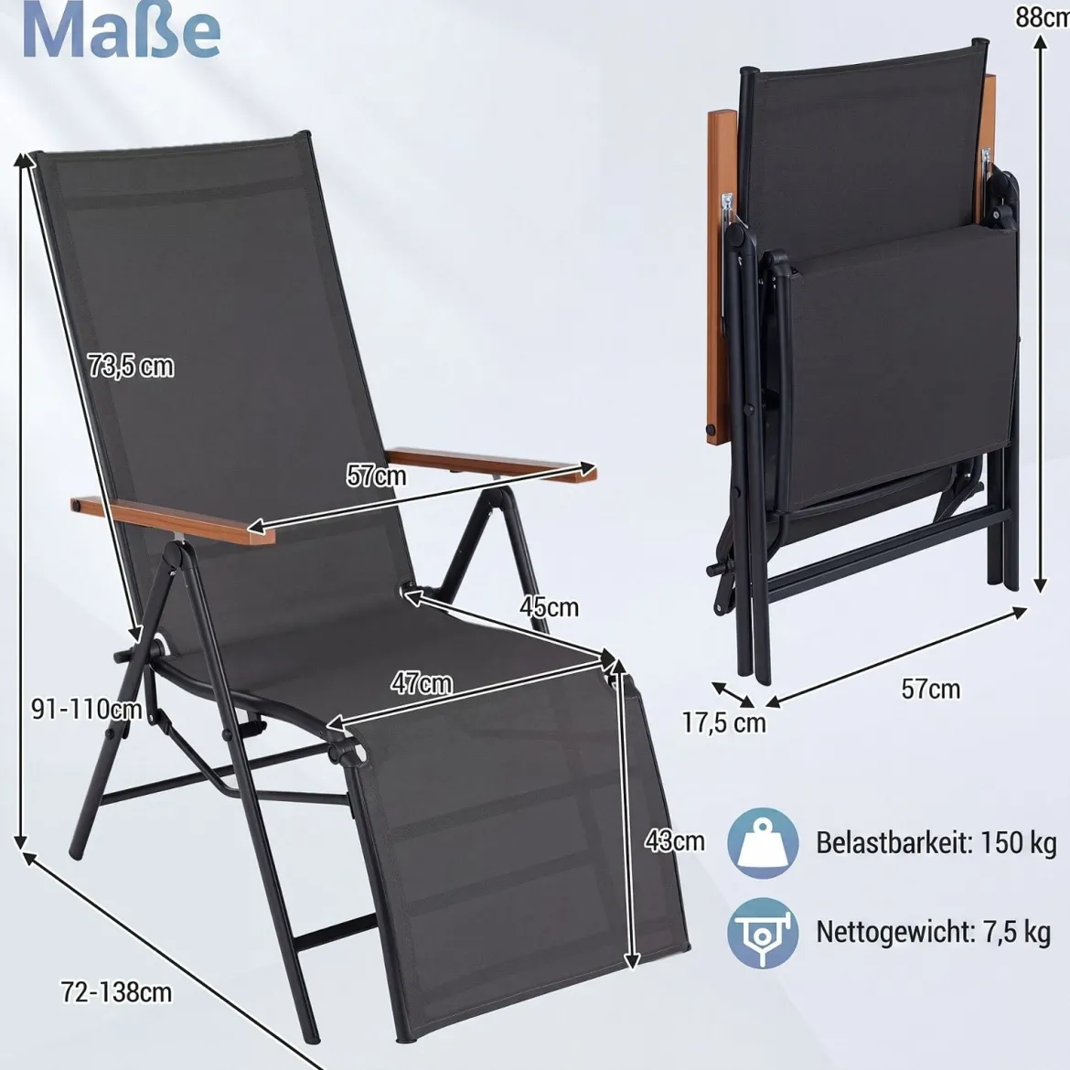 2er Set Sonnenliege Klappbar Liegestuhl mit Verstellbarer Rückenlehne bis 150 kg Belastbar Schwarz/Grau