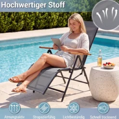 2er Set Sonnenliege Klappbar Liegestuhl mit Verstellbarer Rückenlehne bis 150 kg Belastbar Schwarz/Grau