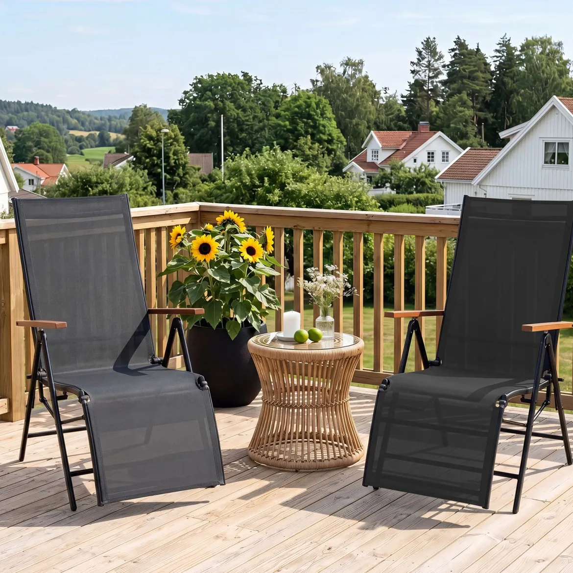 2er Set Sonnenliege Klappbar Liegestuhl mit Verstellbarer Rückenlehne bis 150 kg Belastbar Schwarz/Grau