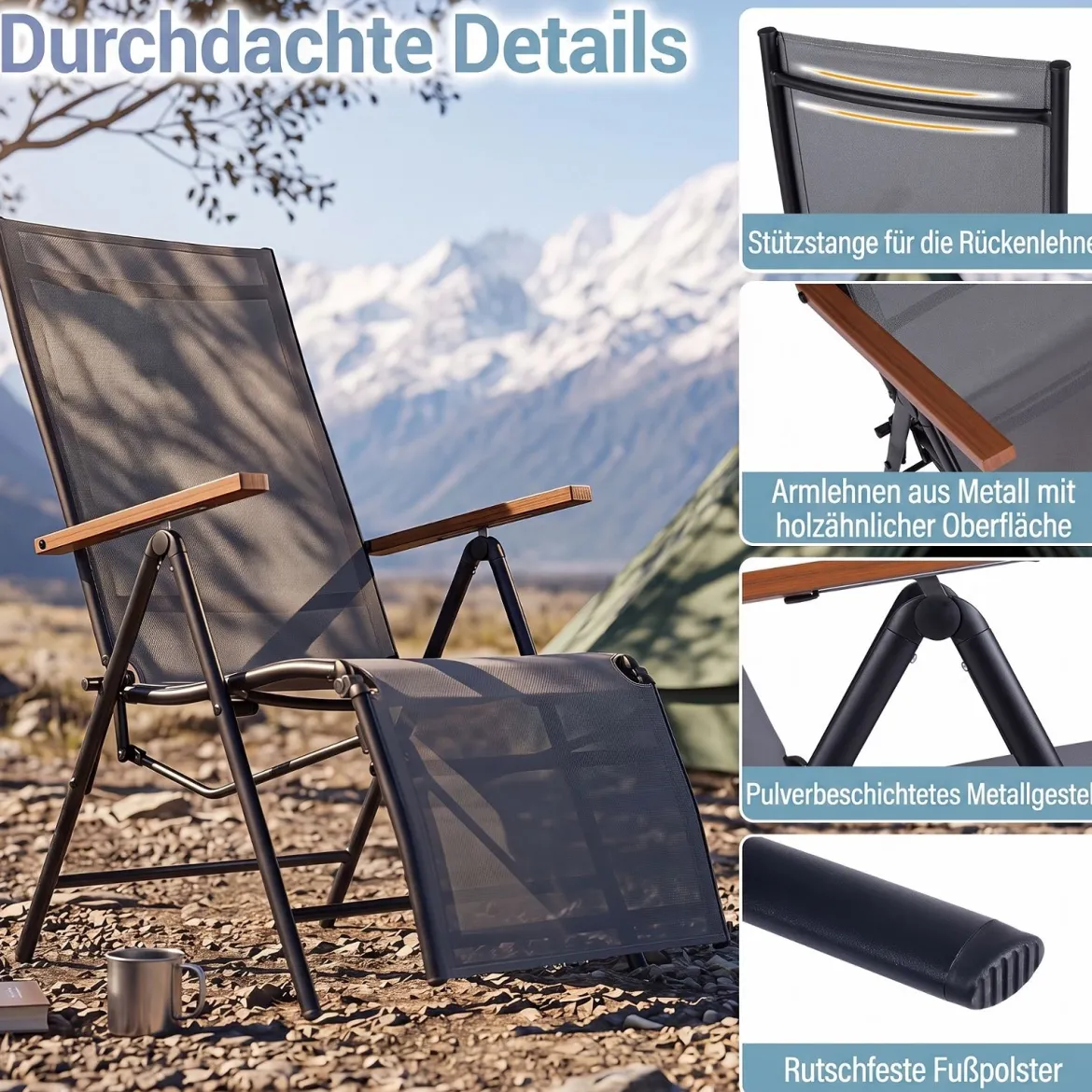 2er Set Sonnenliege Klappbar Liegestuhl mit Verstellbarer Rückenlehne bis 150 kg Belastbar Schwarz/Grau