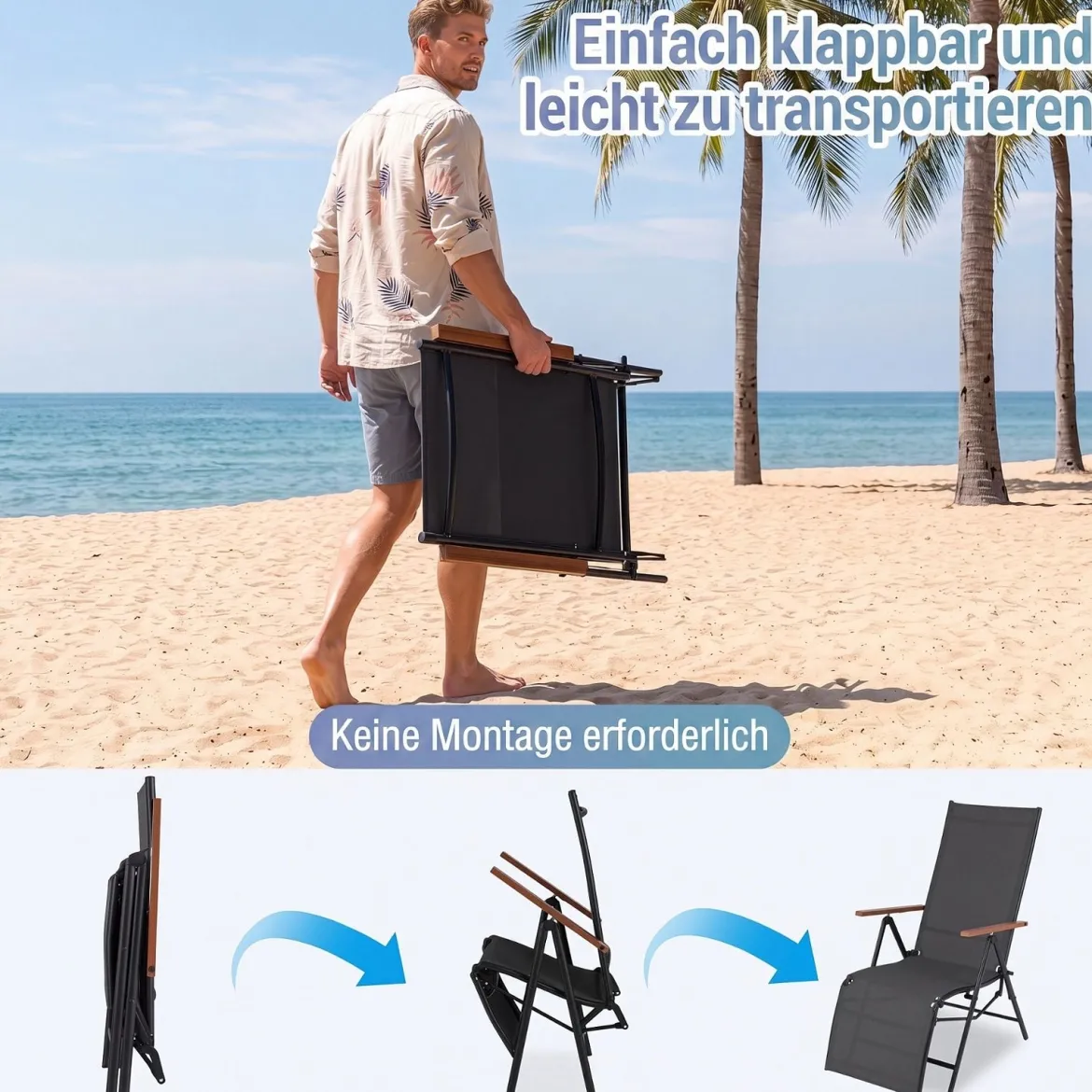 2er Set Sonnenliege Klappbar Liegestuhl mit Verstellbarer Rückenlehne bis 150 kg Belastbar Schwarz/Grau