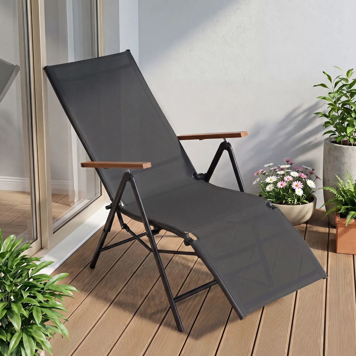 2er Set Sonnenliege Klappbar Liegestuhl mit Verstellbarer Rückenlehne bis 150 kg Belastbar Schwarz/Grau
