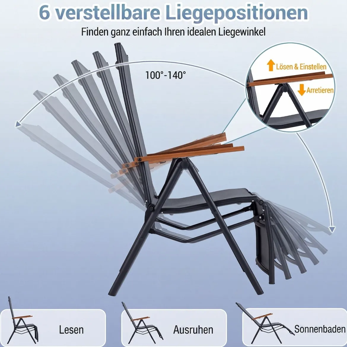 2er Set Sonnenliege Klappbar Liegestuhl mit Verstellbarer Rückenlehne bis 150 kg Belastbar Schwarz/Grau