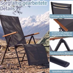 2er Set Sonnenliege Klappbar Liegestuhl mit Verstellbarer Rückenlehne bis 150 kg Belastbar Schwarz/Grau