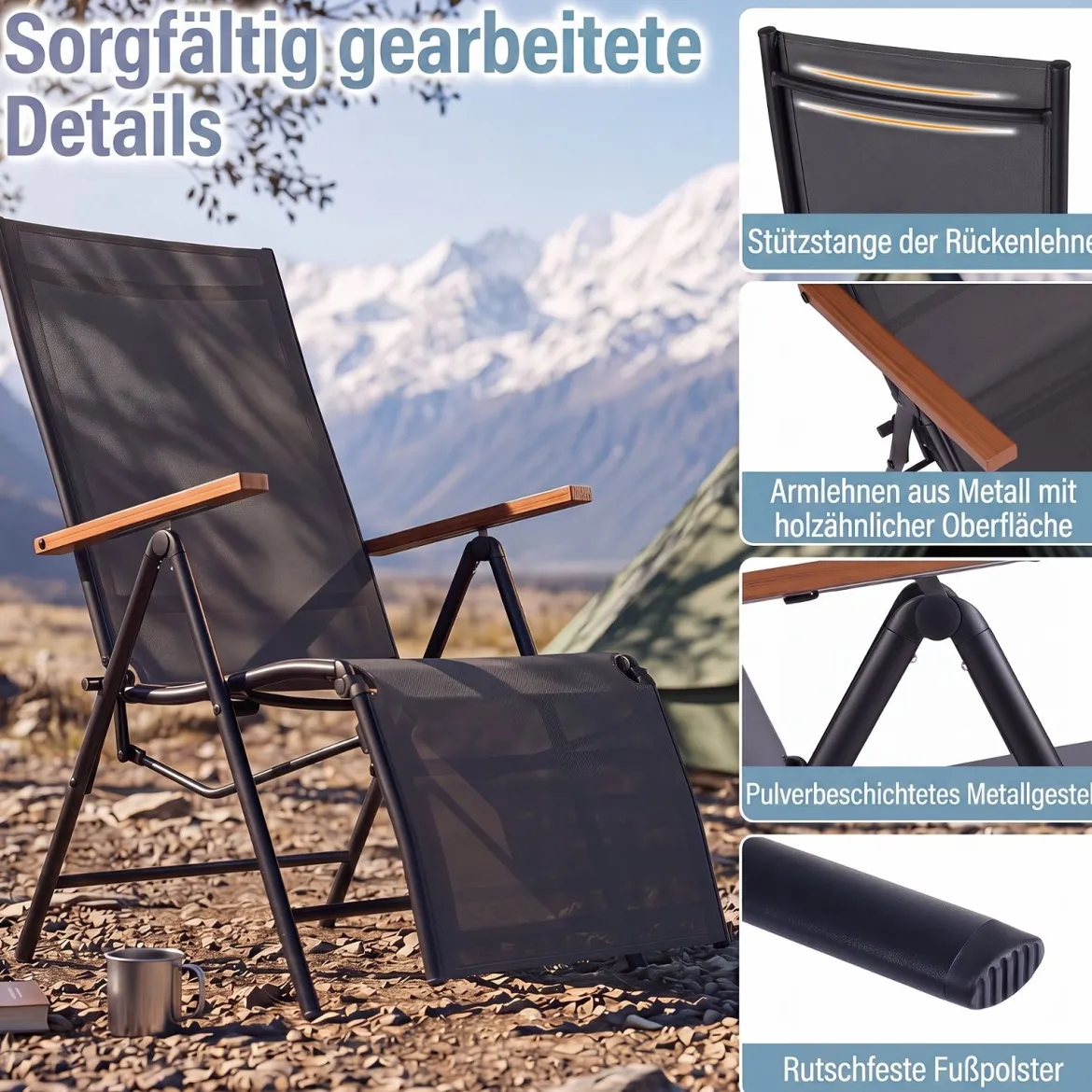 2er Set Sonnenliege Klappbar Liegestuhl mit Verstellbarer Rückenlehne bis 150 kg Belastbar Schwarz/Grau