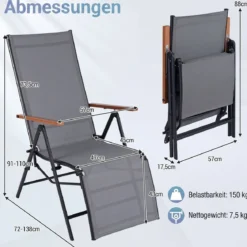 2er Set Sonnenliege Klappbar Liegestuhl mit Verstellbarer Rückenlehne bis 150 kg Belastbar Schwarz/Grau