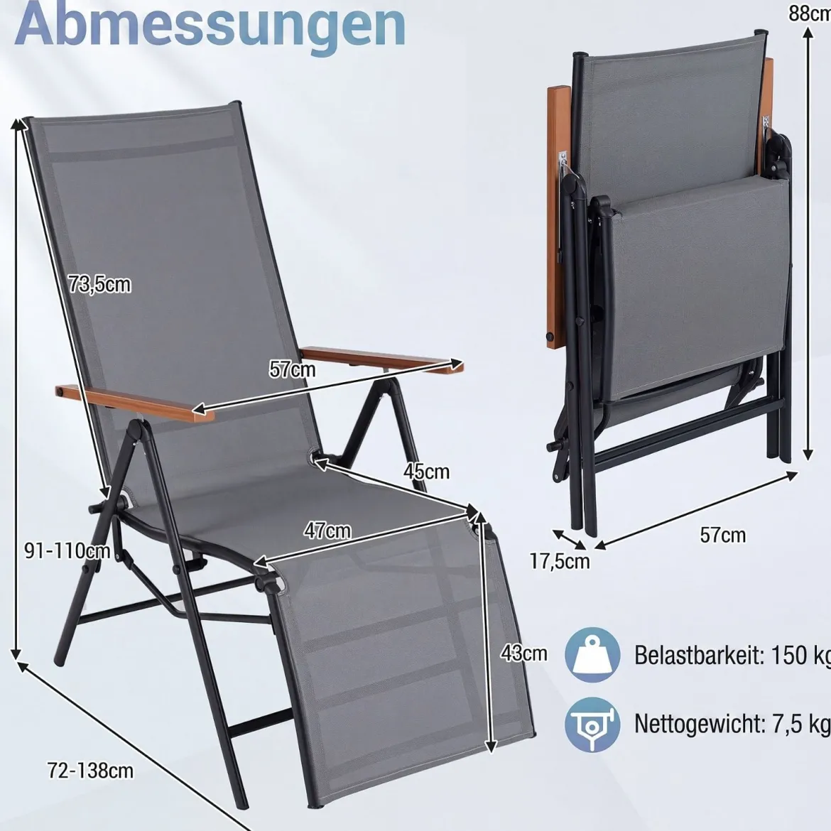 2er Set Sonnenliege Klappbar Liegestuhl mit Verstellbarer Rückenlehne bis 150 kg Belastbar Schwarz/Grau