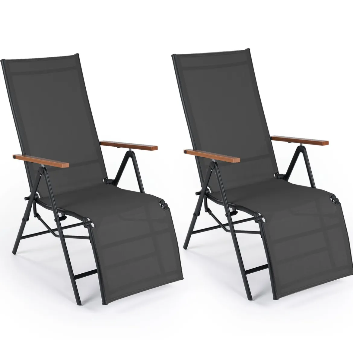 2er Set Sonnenliege Klappbar Liegestuhl mit Verstellbarer Rückenlehne bis 150 kg Belastbar Schwarz/Grau