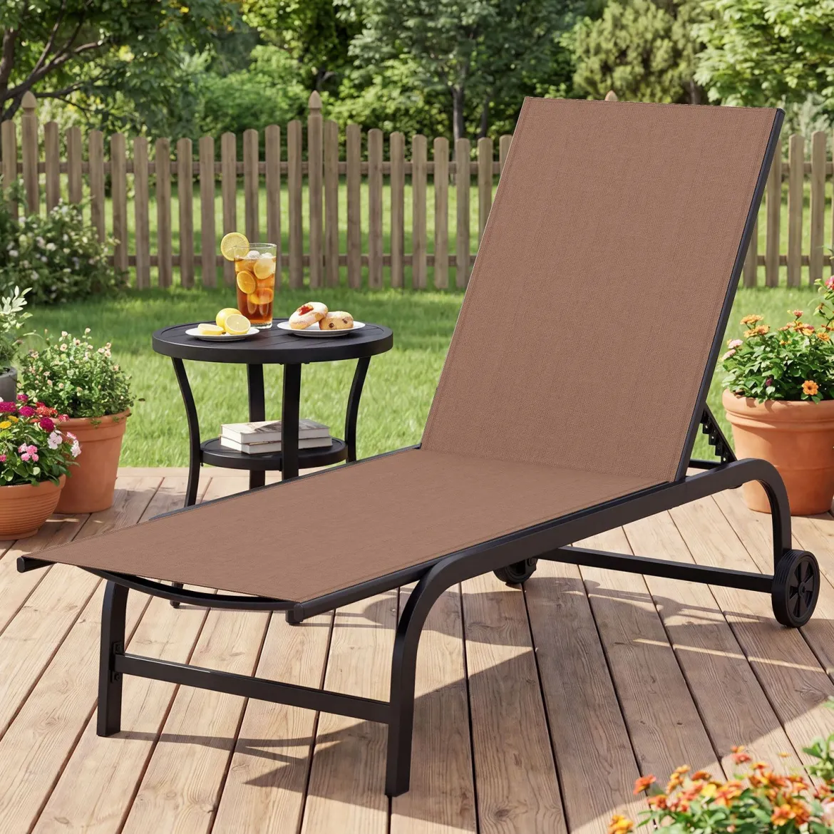2er Set Sonnenliege mit Rollen Robuste Gartenliege mit 6-Fach Verstellbare Rückenlehne bis 180° Flach