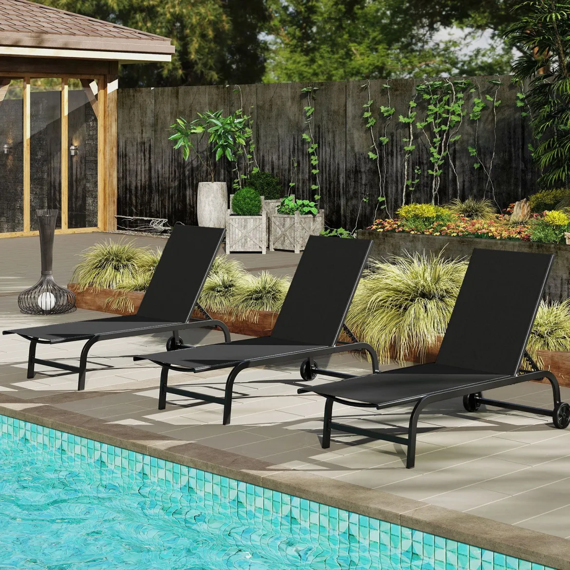 2er Set Sonnenliege mit Rollen Robuste Gartenliege mit 6-Fach Verstellbare Rückenlehne bis 180° Flach