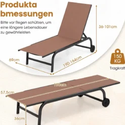 2er Set Sonnenliege mit Rollen Robuste Gartenliege mit 6-Fach Verstellbare Rückenlehne bis 180° Flach