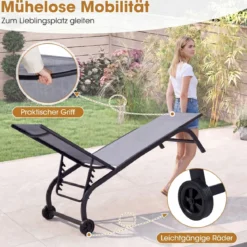 2er Set Sonnenliege mit Rollen Robuste Gartenliege mit 6-Fach Verstellbare Rückenlehne bis 180° Flach